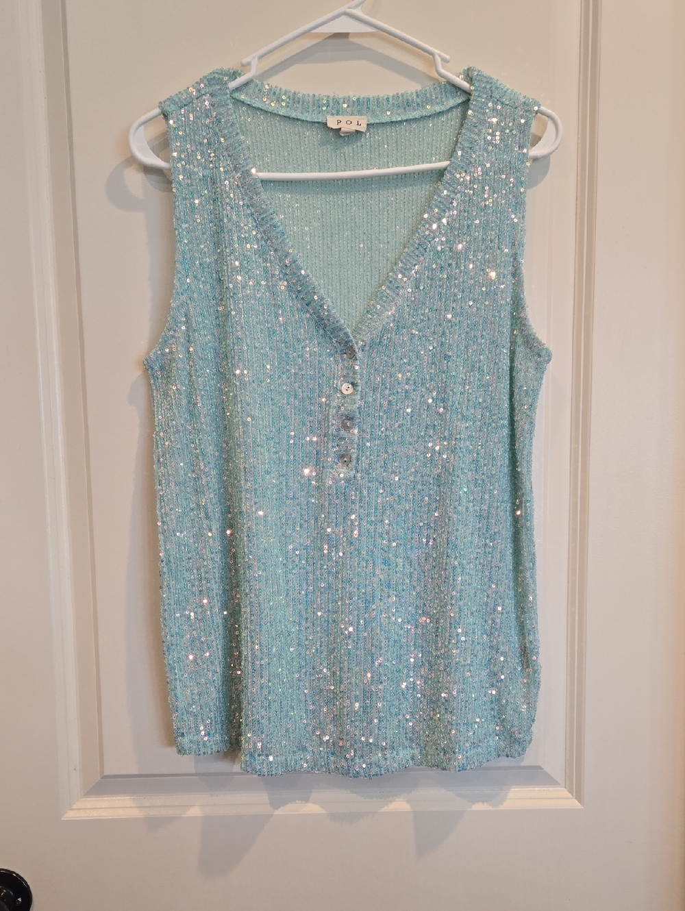 POL Sequin Knit V-Neck Sleeveless Top - Aqua